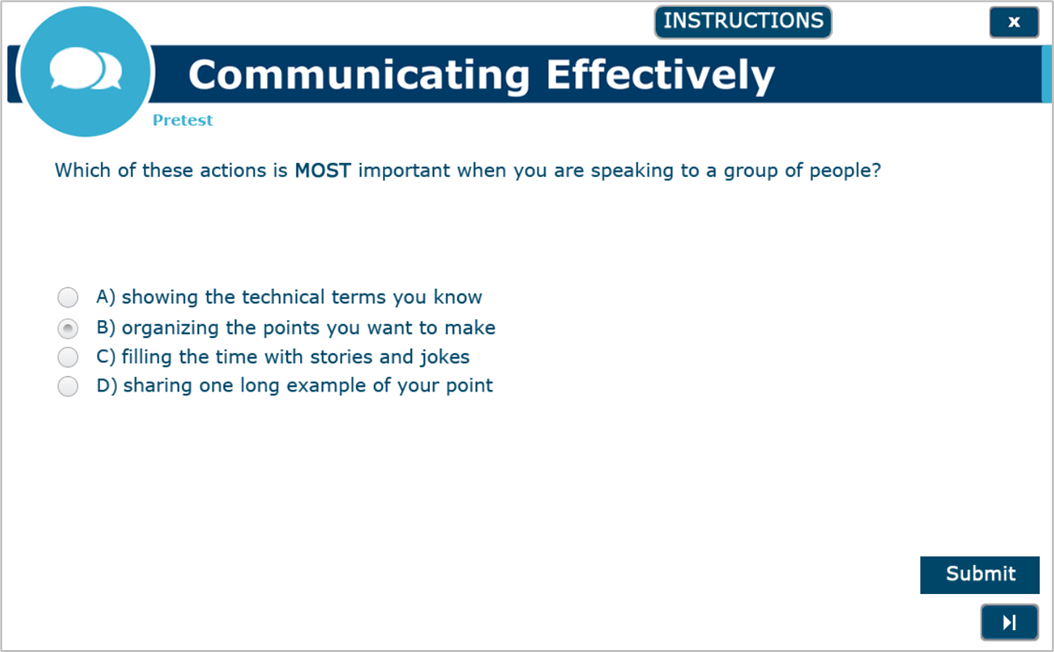 Pretest question in the Communicating Effectively module