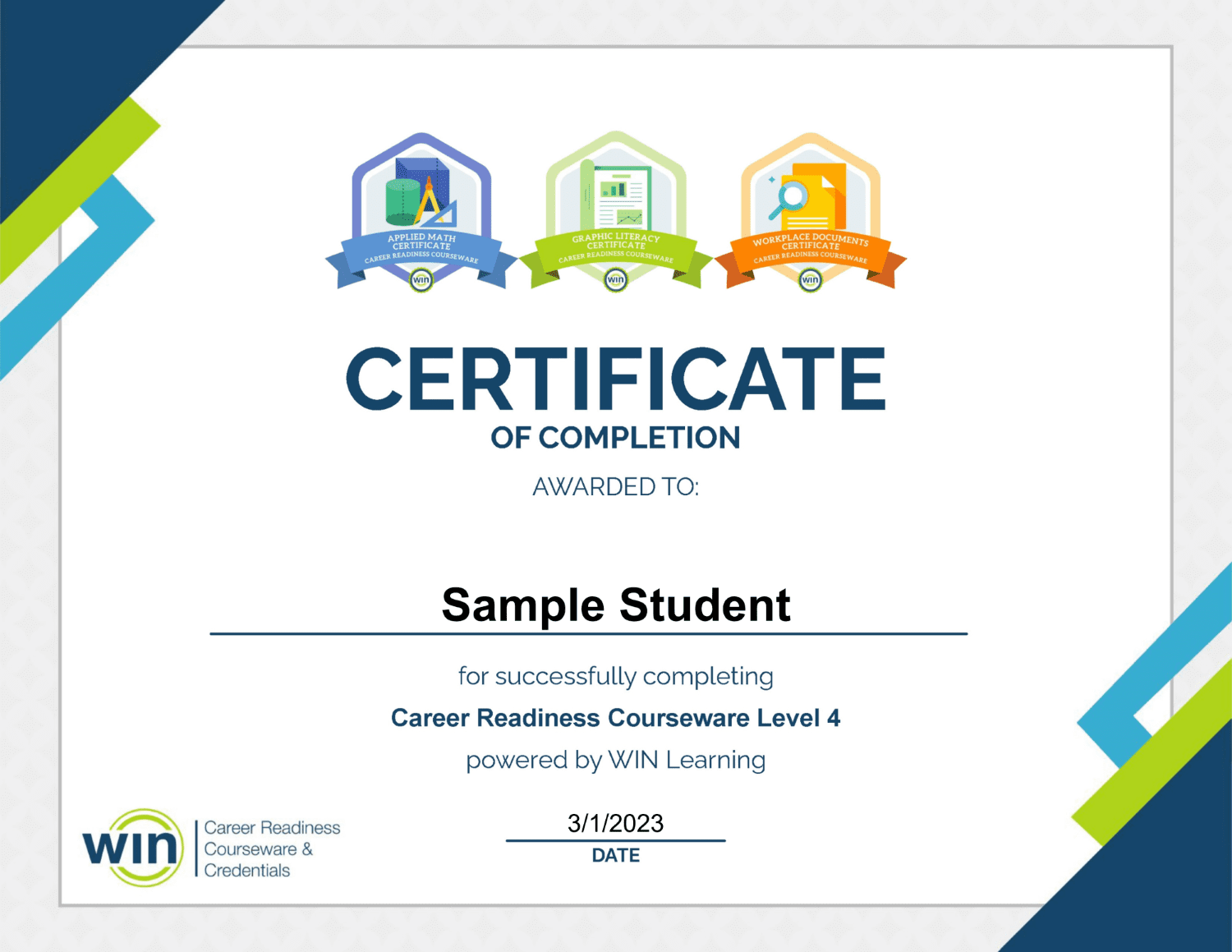 Image of a Career Readiness Courseware Level 4 Certificate of Completion