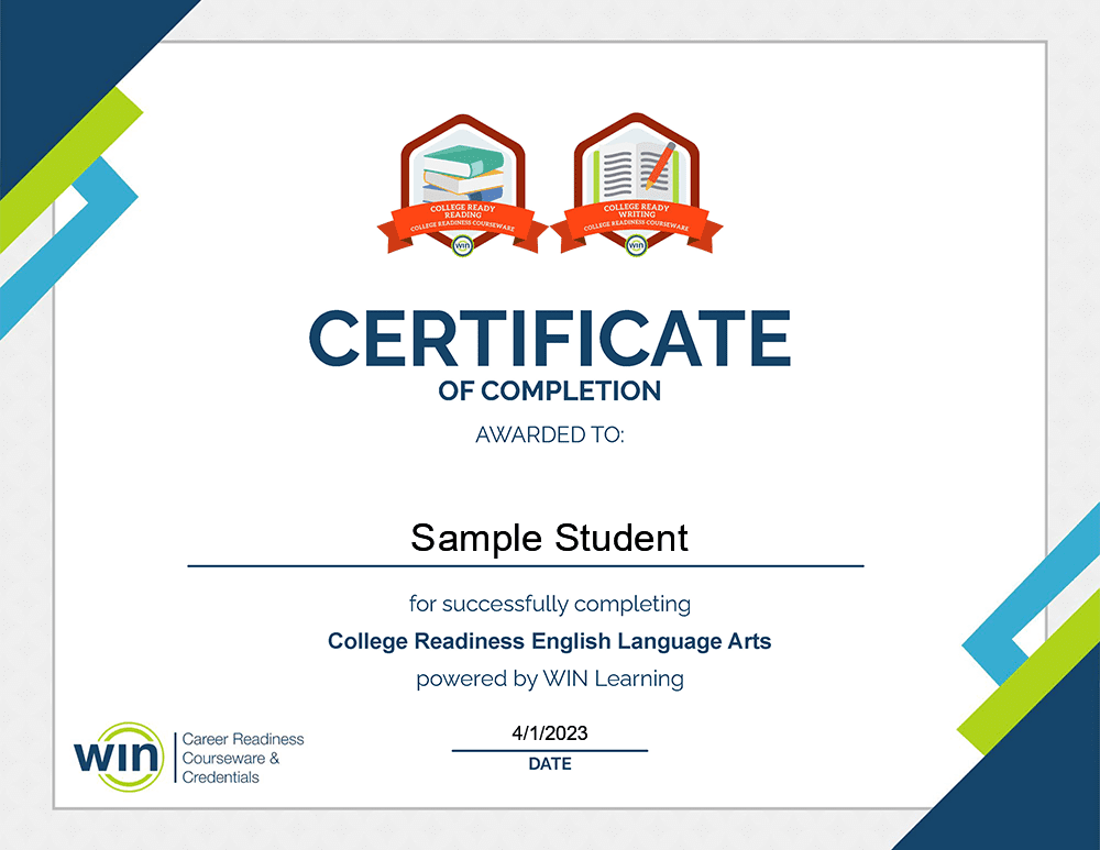 Image of a College Readiness English Language Arts Certificate of Completion