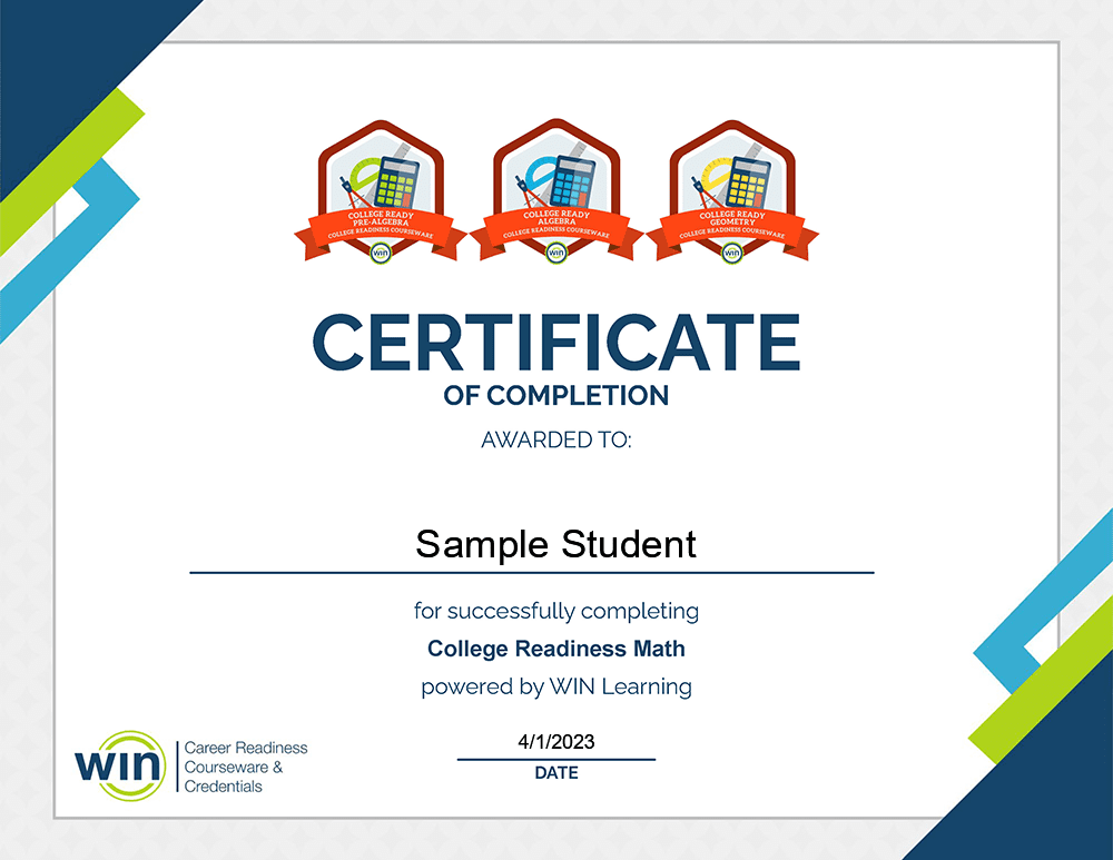 Image of a College Readiness Math Certificate of Completion