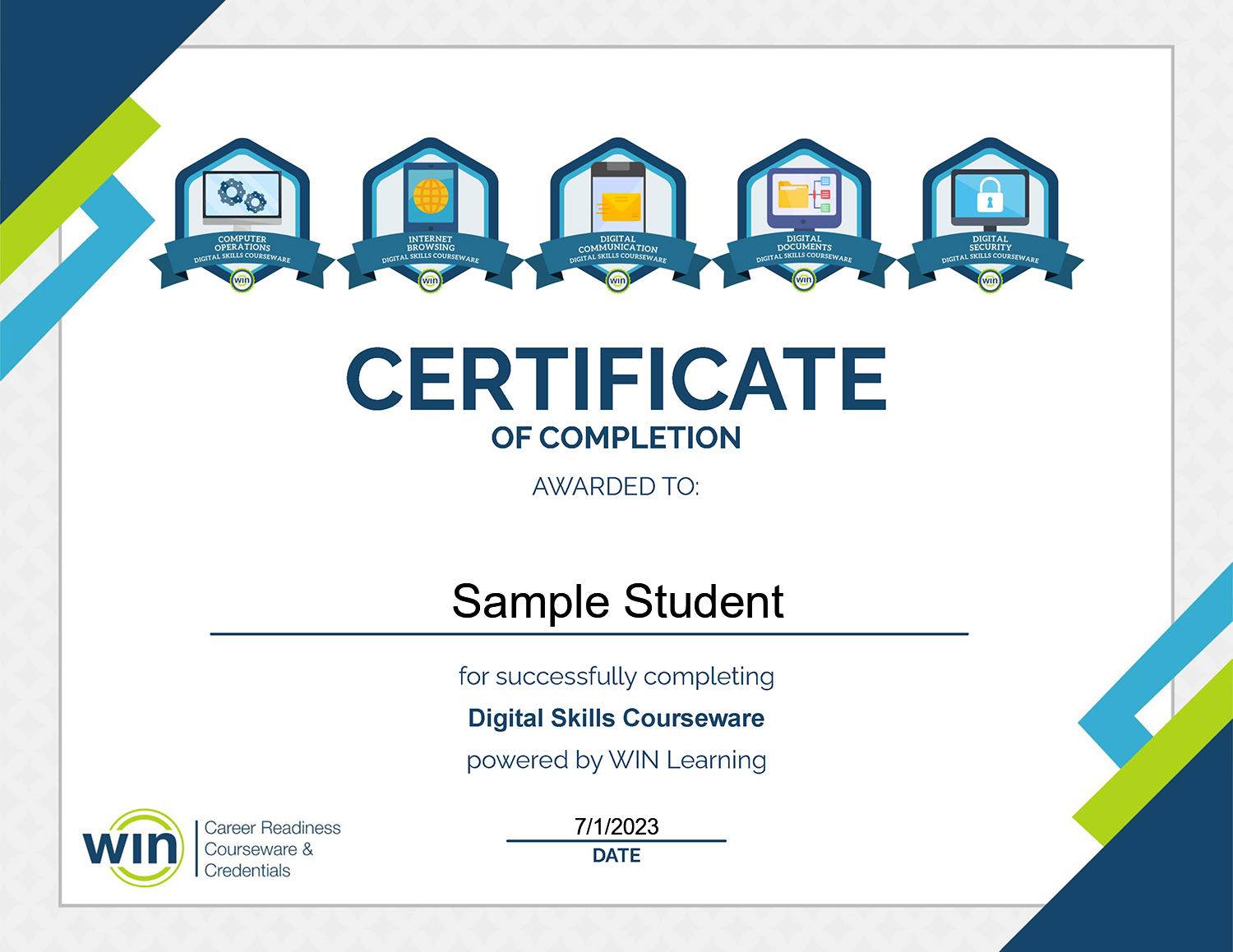 Image of a Digital Skills Courseware Certificate of Completion