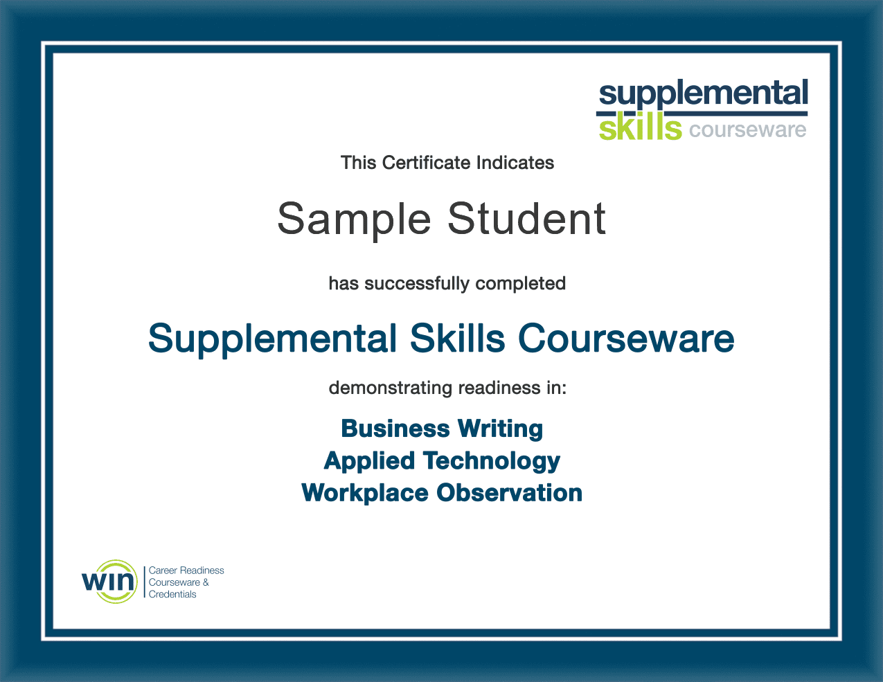 Image of a Supplemental Skills Courseware Certificate of Completion