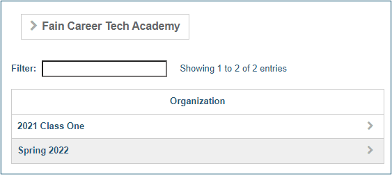 Image of the List by Class search results, displaying a list of two classes
