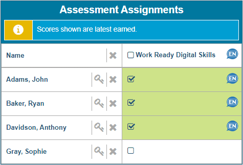 Image of the Assessment Assignment Grid displaying four learners and checkmarks indicating that they have been assigned the Digital Skills Assessment