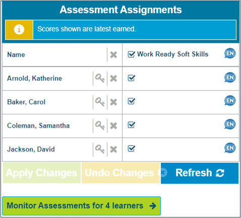Image of the Assessment Assignment Grid displaying four learners and checkmarks indicating that they have been assigned the Soft Skills Assessments. A green button underneath the grid says "Monitor Assessments for 4 Learners."