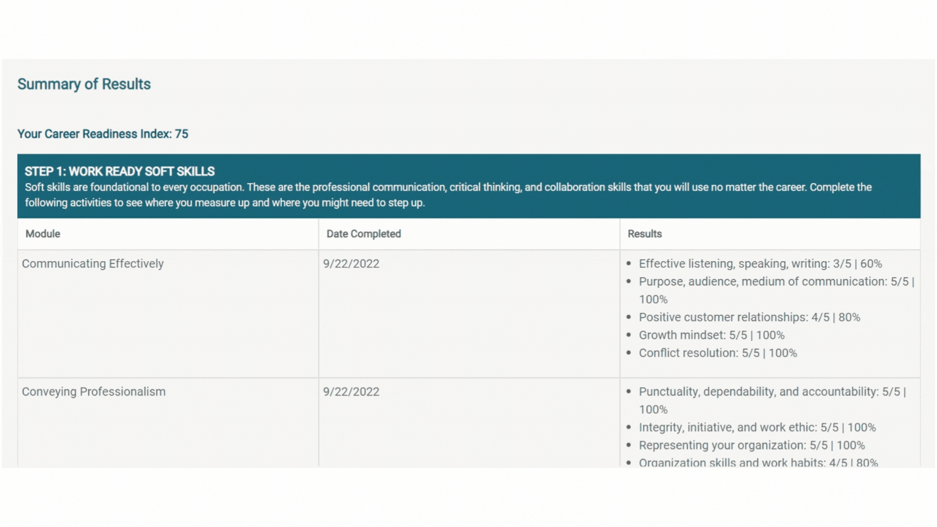 Scrolling view of the Summary of Results section in the Career Plan