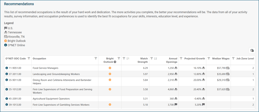 The Recommendations section in the Career Plan, displaying a list of recommended occupations based on location and activity results