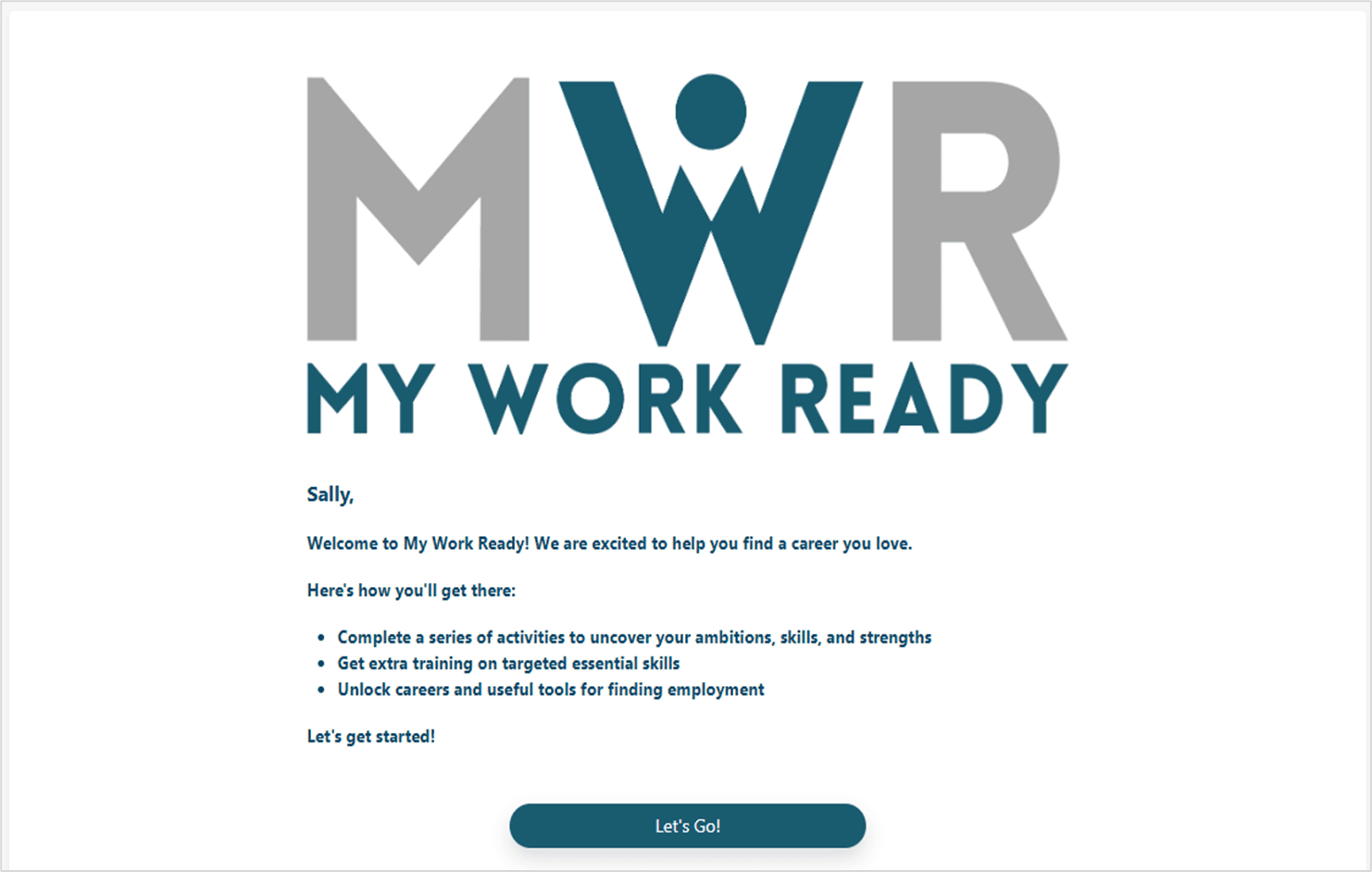 My Work Ready welcome screen