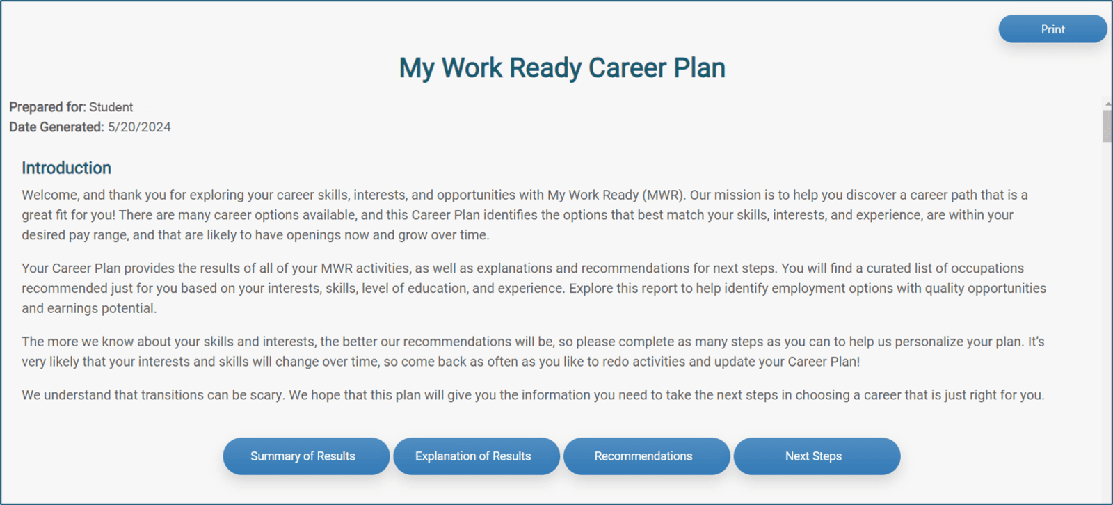The My Work Ready Career Plan introduction, providing an overview of the information contained in the Career Plan