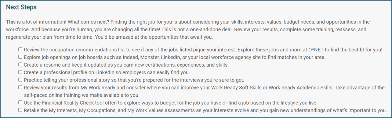 The Next Steps section in the Career Plan, displaying a list of suggested activities for the job seeker to complete