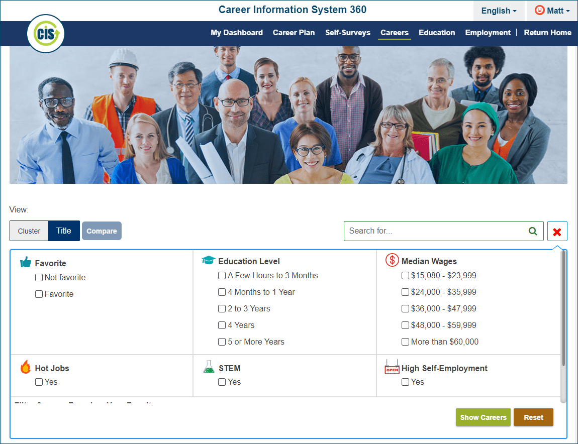 Image showing the available career filter options.
