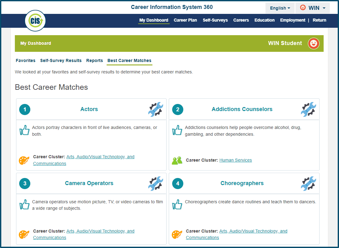 Image of myStrategic Compass Dashboard showing the best career matches section