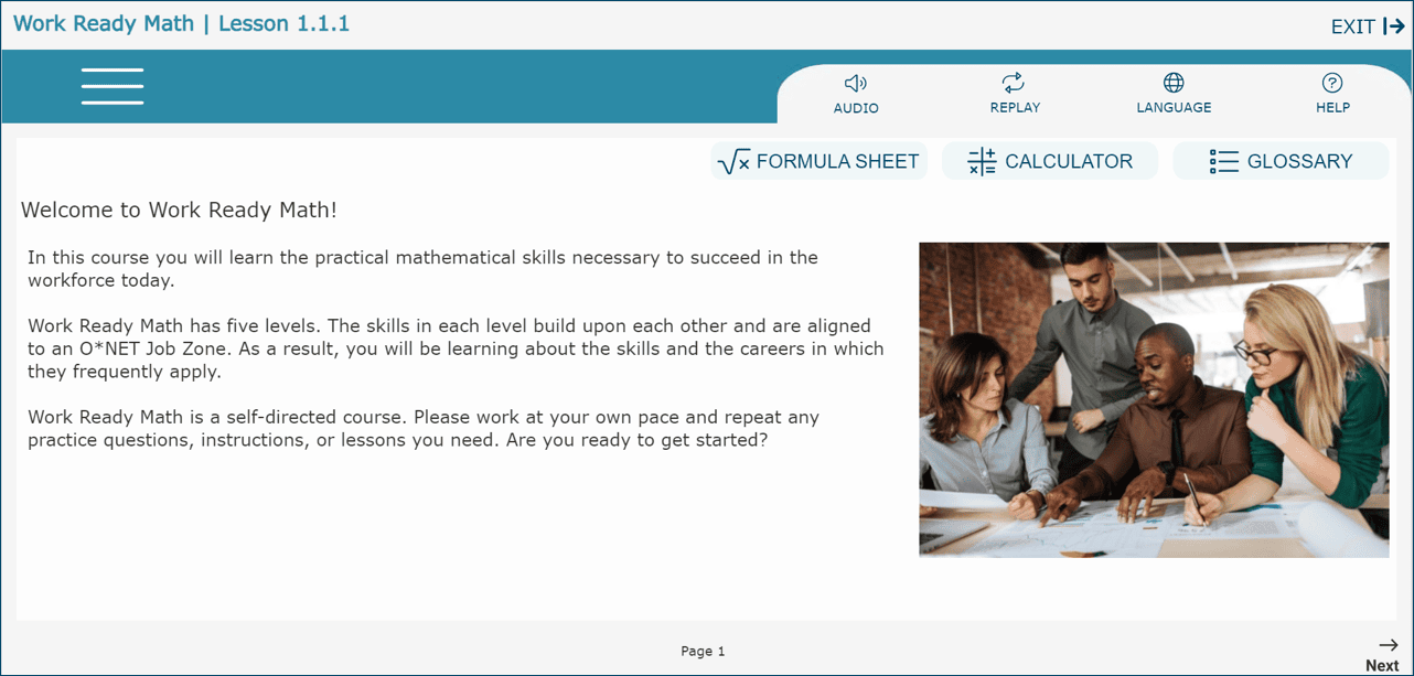 Work Ready Math Level 1 Lesson 1 introduction screen