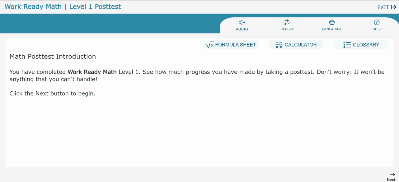 Work Ready Math Level 1 Posttest introduction