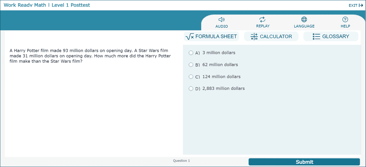 Work Ready Math Level 1 posttest question