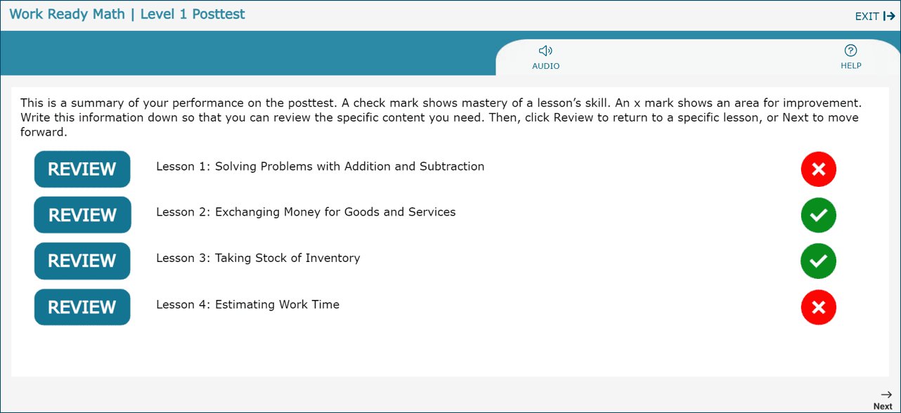 Posttest summary listing the lessons the learner has mastered and not mastered.
