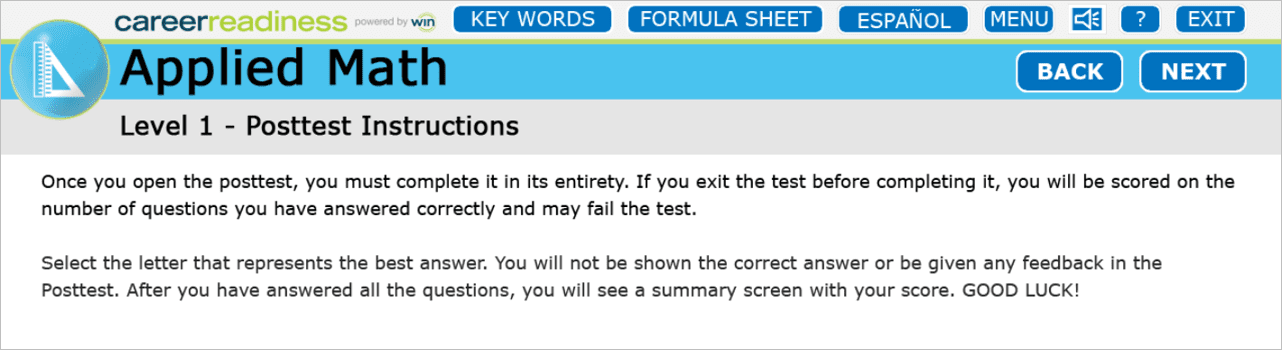 Image of the Applied Math posttest instructions