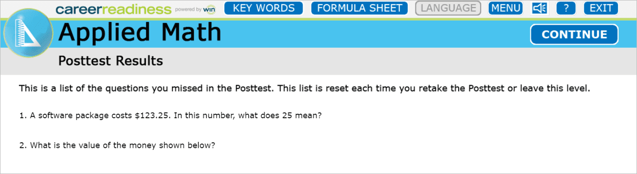 Image of the posttest results screen showing the incorrectly answered questions