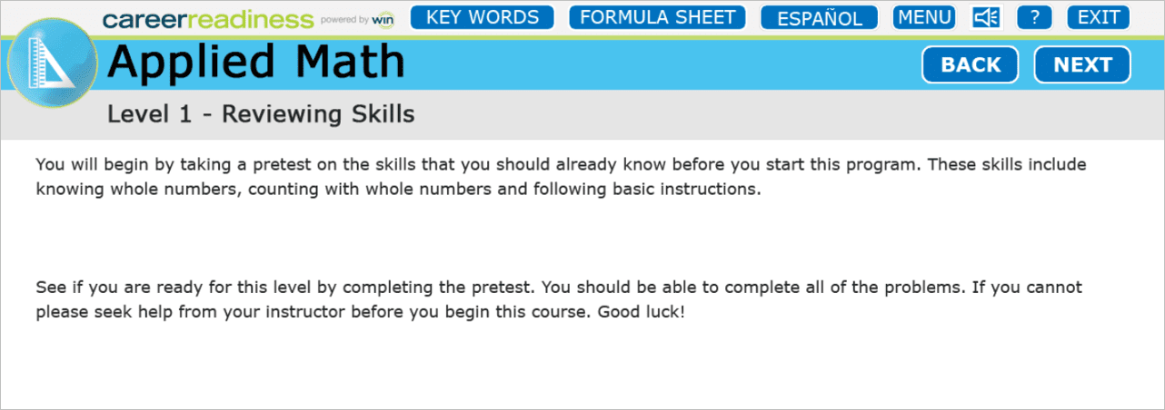 Image of the Applied Math Level 1 pretest introduction