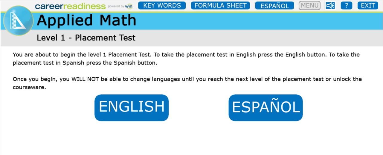 Image of the Applied Math Level 1 placement test welcome screen displaying buttons for English or Spanish versions of the test