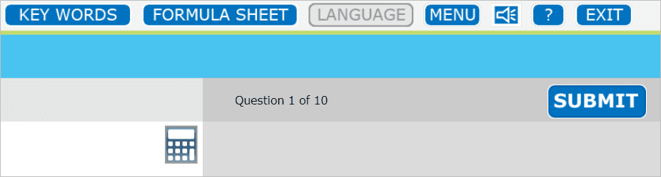 Image of the buttons at the top of the posttest screen, labeled Key Words, Formula Sheet, Language, Menu, and Exit.