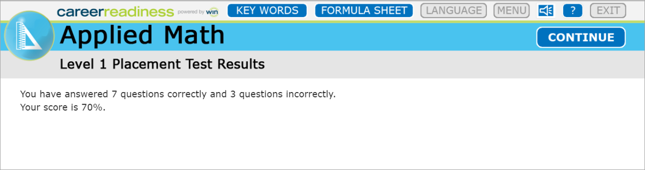Image of the Applied Math Level 1 placement test results screen