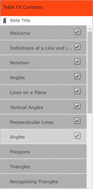 Image of the Geometry course menu showing a list of lessons within the module