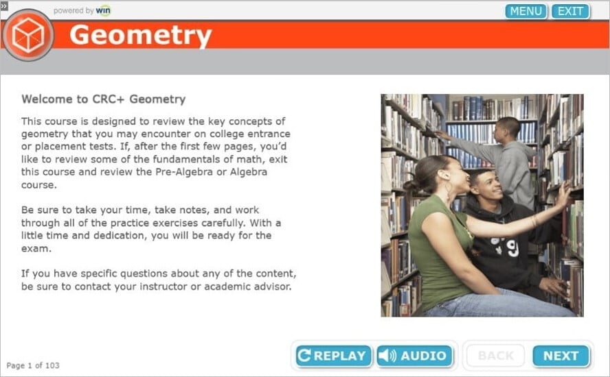 Image of the Geometry welcome screen displaying an introduction to the course
