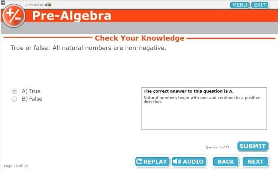 Image of Pre-Algebra knowledge check question with feedback about the correct answer