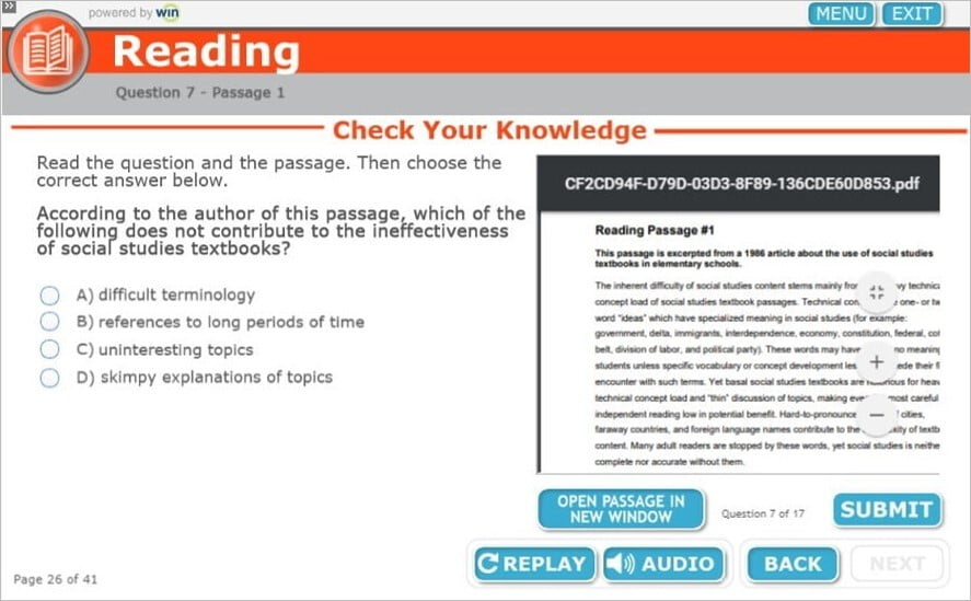 Image of a Reading knowledge check question with a passage on the right side of the screen and a multiple choice question on the left side of the screen