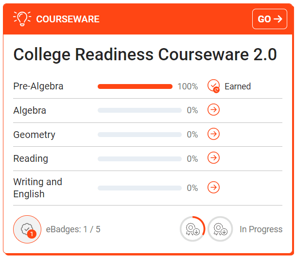College Readiness Courseware tile showing one eBadge earned