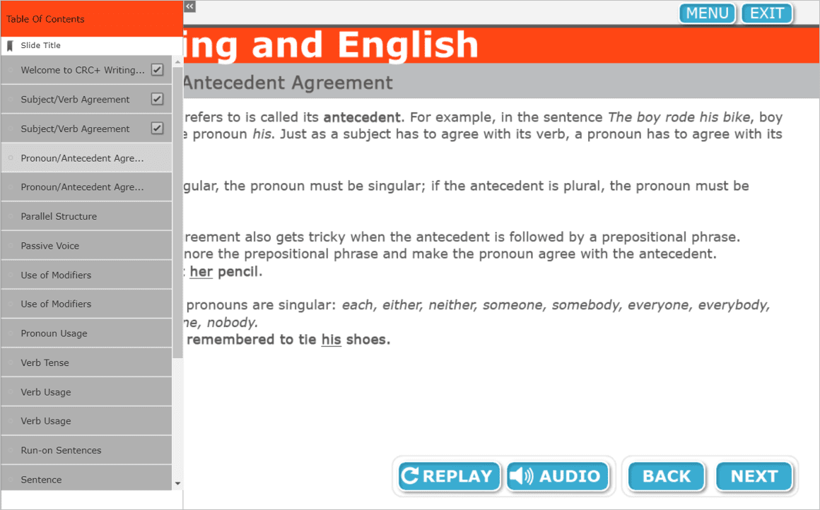 Image of the course menu in the Writing and English module