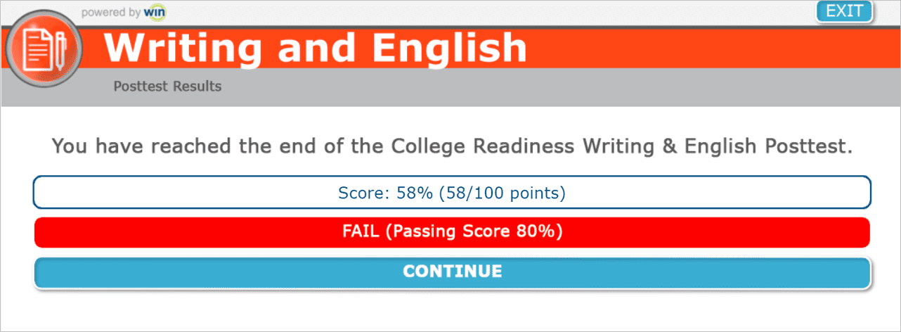 Image of the Writing and English posttest results screen