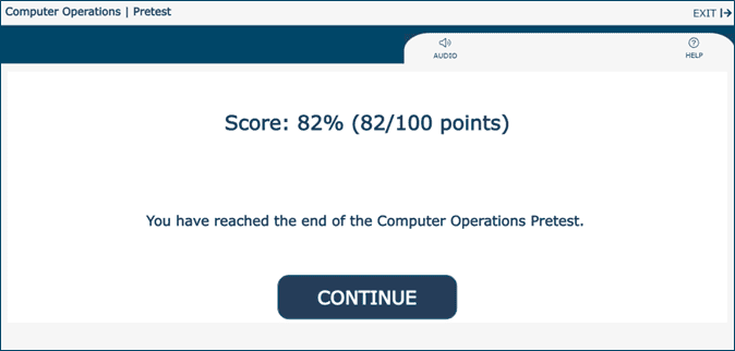 Computer Operations pretest results screen displaying the learner's score