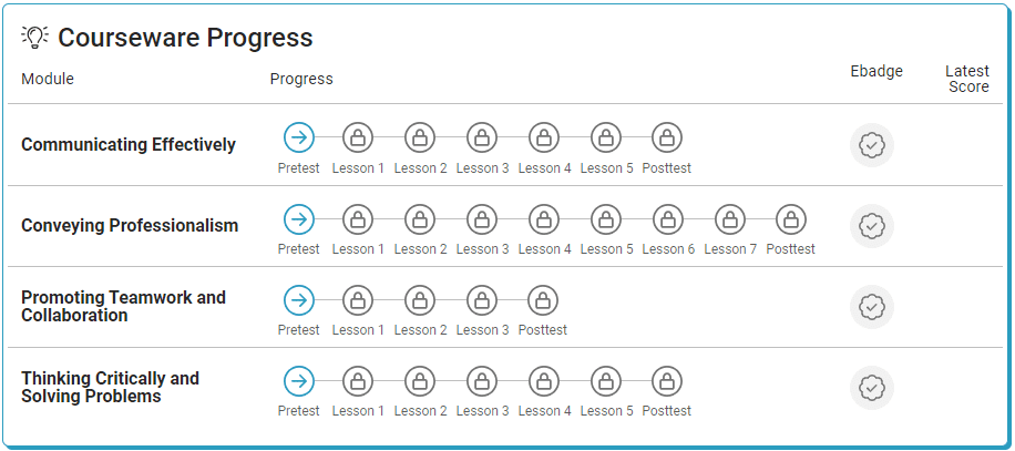Soft Skills Courseware landing page displaying all four modules