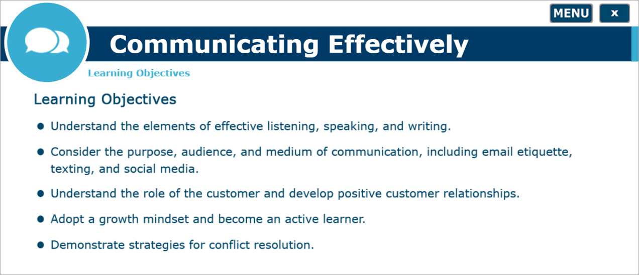 Image of the five learning objectives for the Communicating Effectively module.