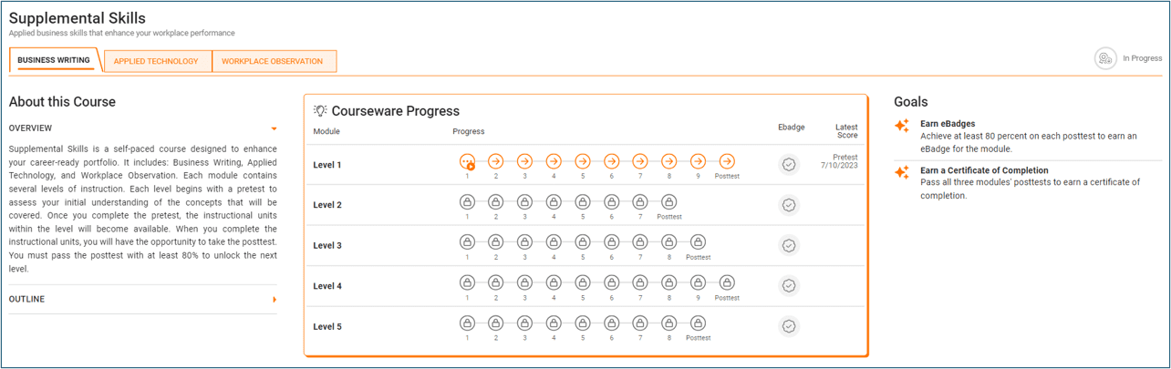 Supplemental Skills Courseware homepage showing the Business Writing levels