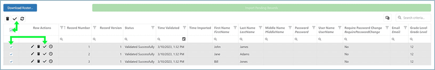 Import pending review Row Action icons