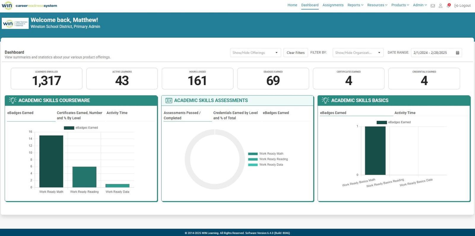 Image of the WIN CRSystem admin dashboard showing learner progress in Soft Skills Courseware