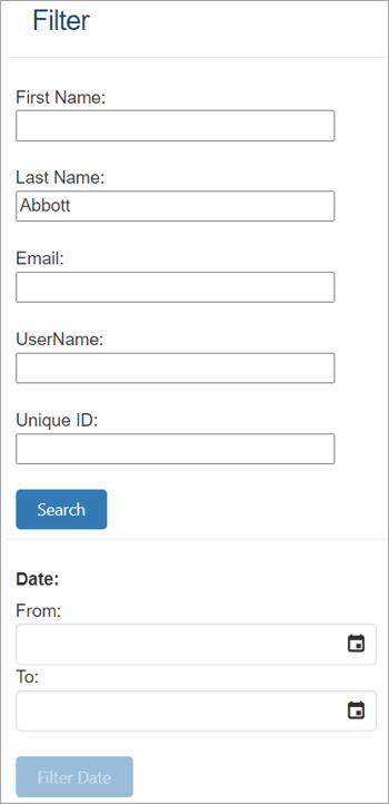Image of the Filter options to search for an individual learner and fields to set a date range.