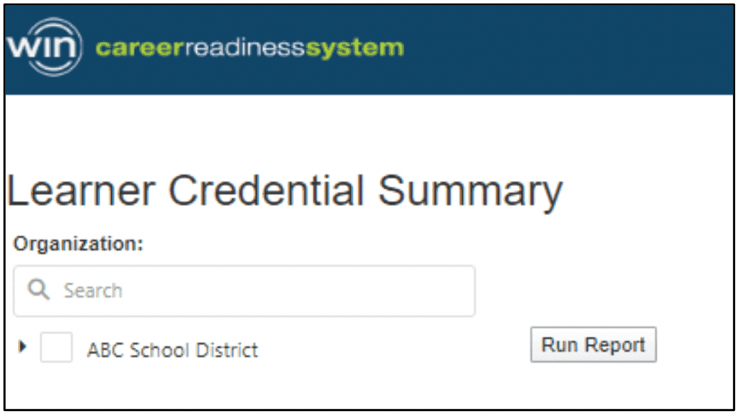 Image of selecting the organization or location to run a Learner Credential Summery Report