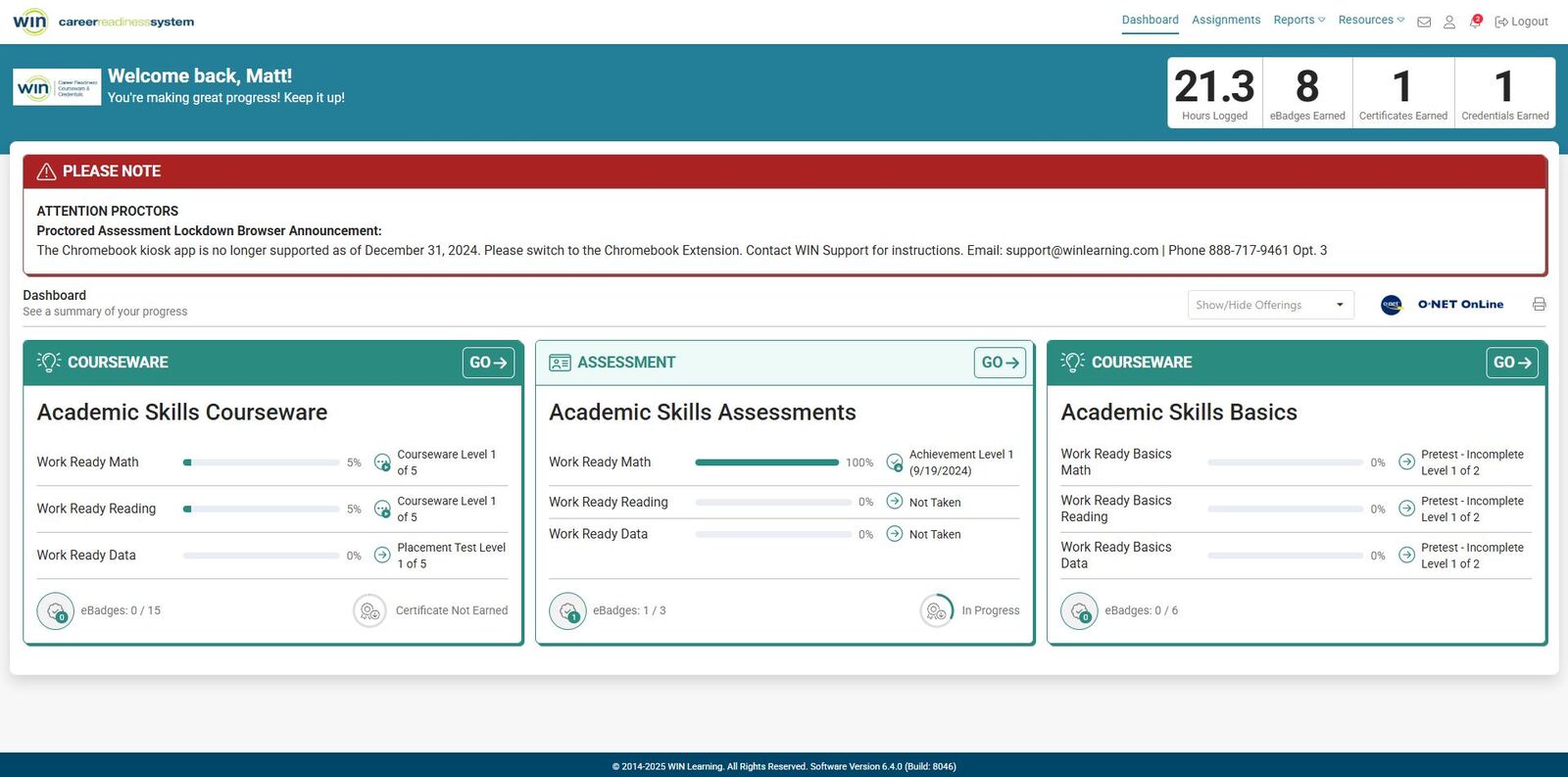Image of the WIN CRSystem admin dashboard showing learner progress in Soft Skills Courseware