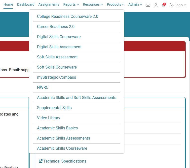 Image of the Products Dropdown menu