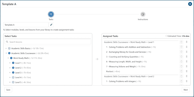 List of available tasks and assigned tasks for a new template