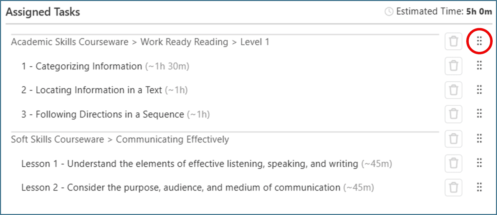 List of assigned tasks with the drag and drop icon circled