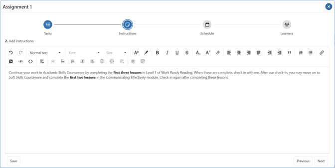 Assignment Manager Step Two showing instructions for an assignment
