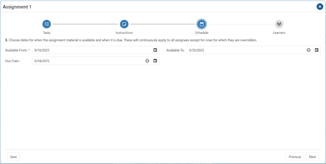 Assignment Manager Step Three showing Available From Date, Due Date, and Available To Date for an assignment