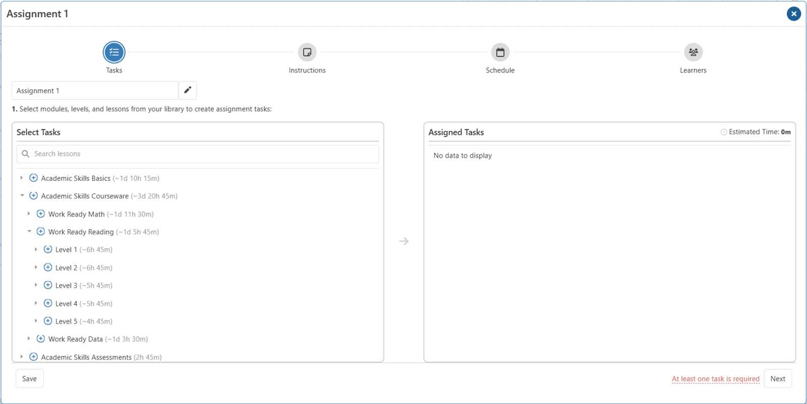 Assignment Manager Step One showing the list of available tasks