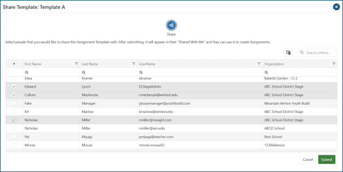 Share Template screen with a list of available instructors to share the template with.