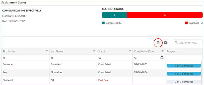 Assignment Status grid with Export icon circled
